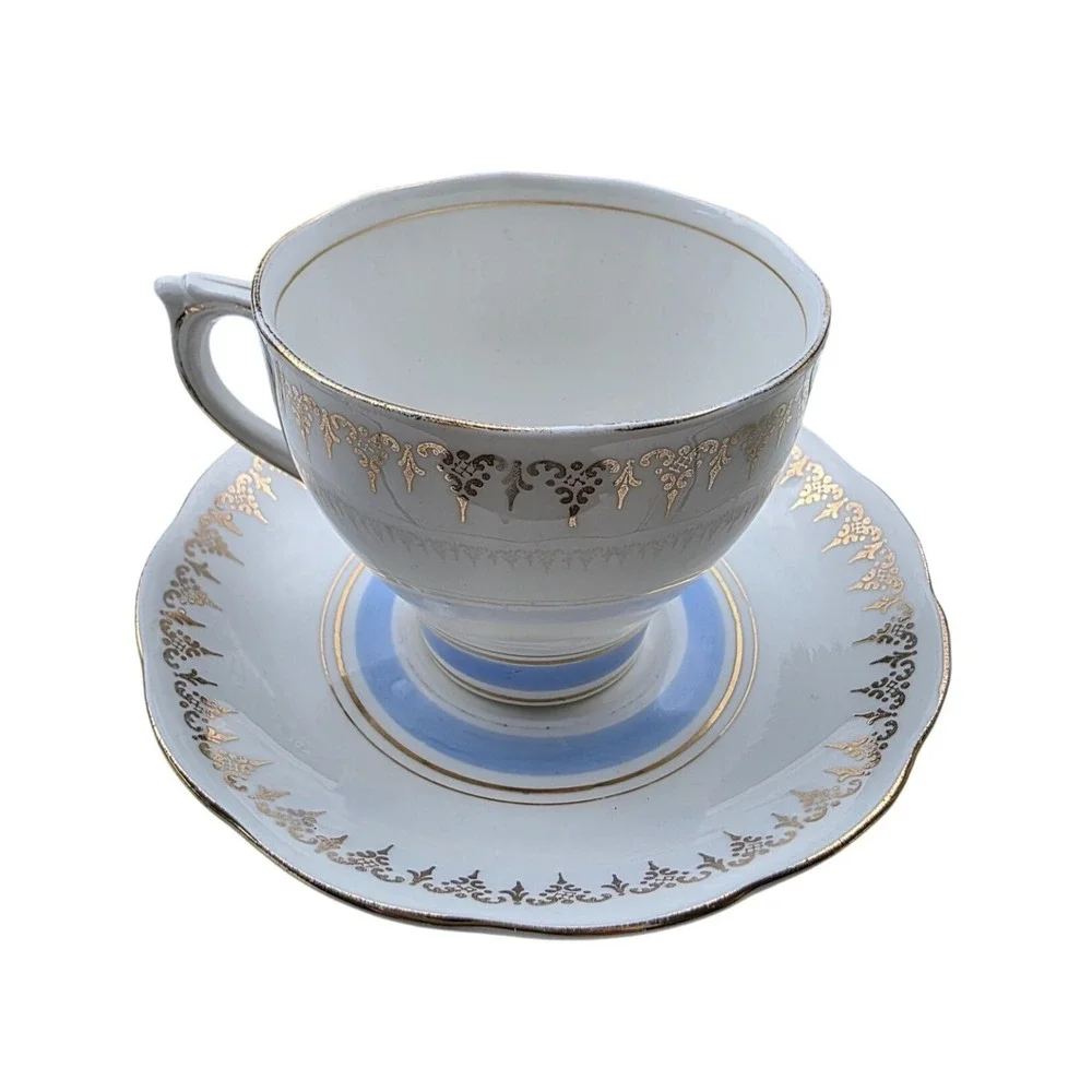 Vintage Roslyn‎ Fine Bone China Tea Cup Saucer Set Blue Gold Gilt England